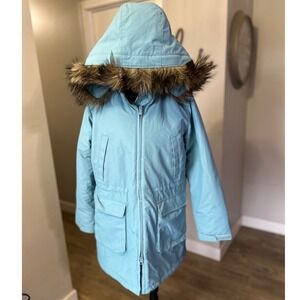 Lands End Womens Small Light Sky Blue Insulated Faux Fur Hood Parka Winter Coat